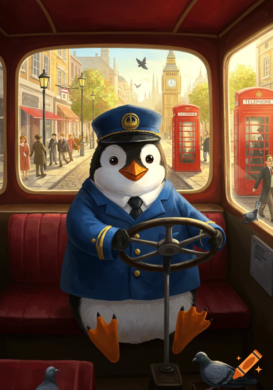 A cute cartoon penguin in a blue uniform drives a red double-decker bus through a busy London street, with Big Ben and red telephone booths visible outside.