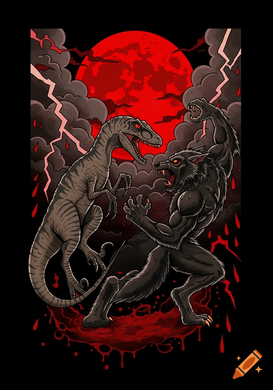 A stylized traditional tattoo illustration of a velociraptor fighting a werewolf under a red blood moon with lightning and clouds.