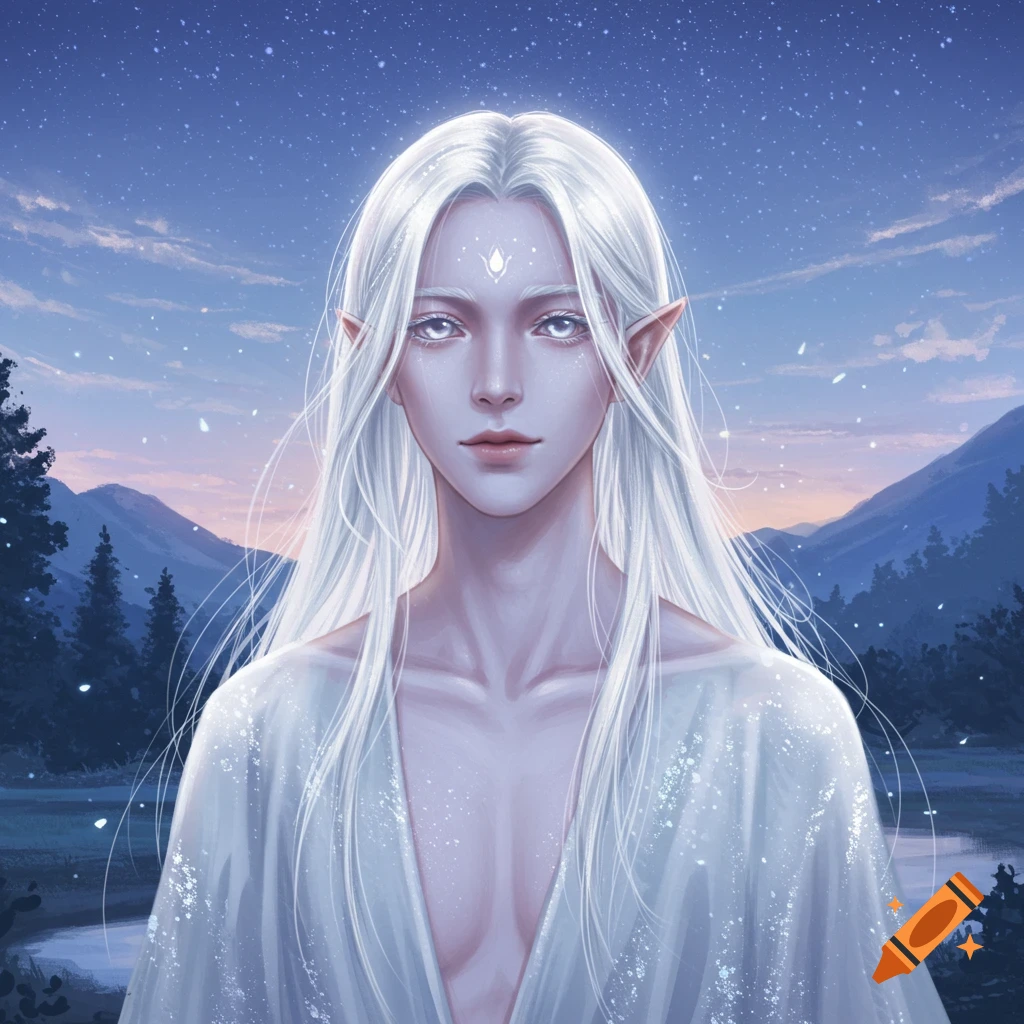 Digital painting of a mystical white-haired elf-like person with glowing eyes against a starry night sky.