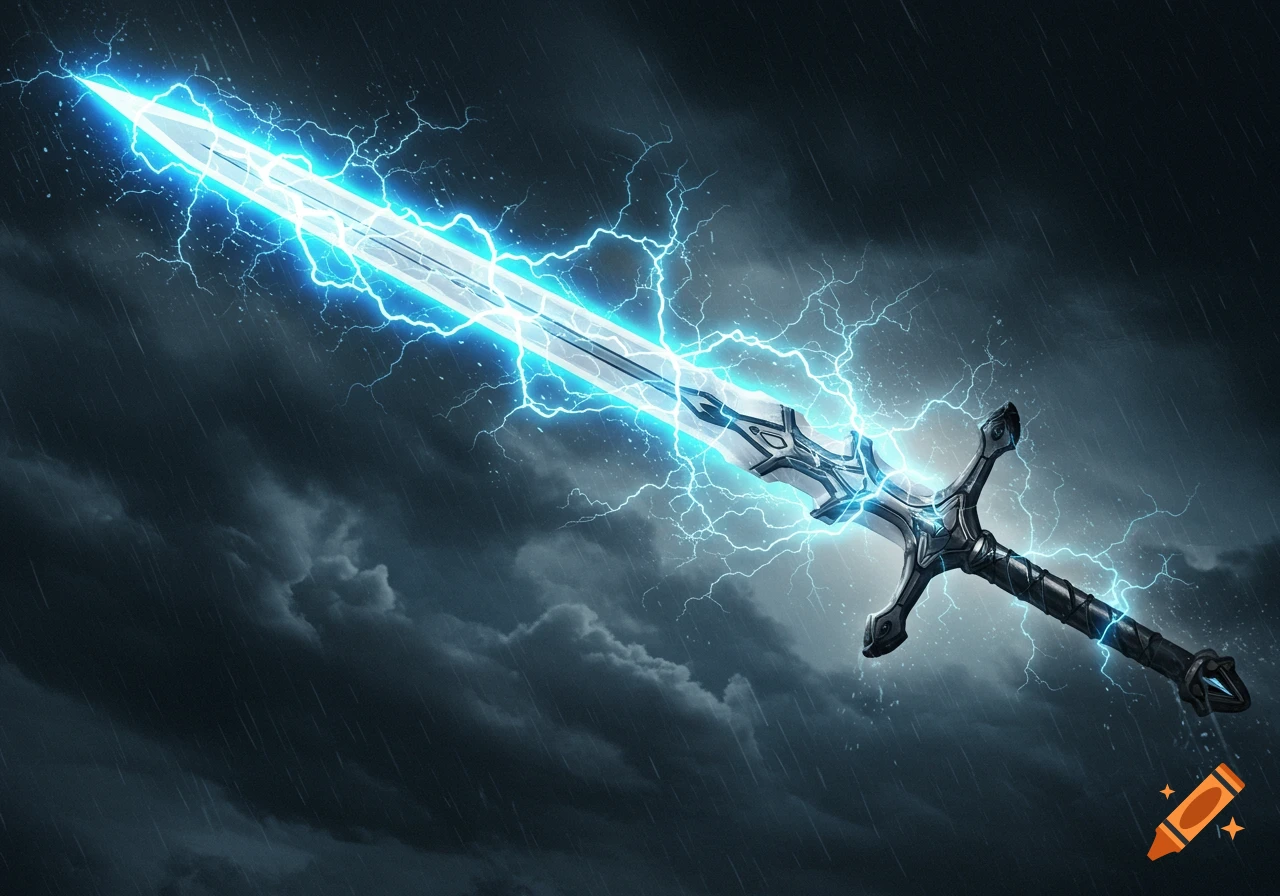 A glowing blue lightning sword against a dark, stormy sky with rain.