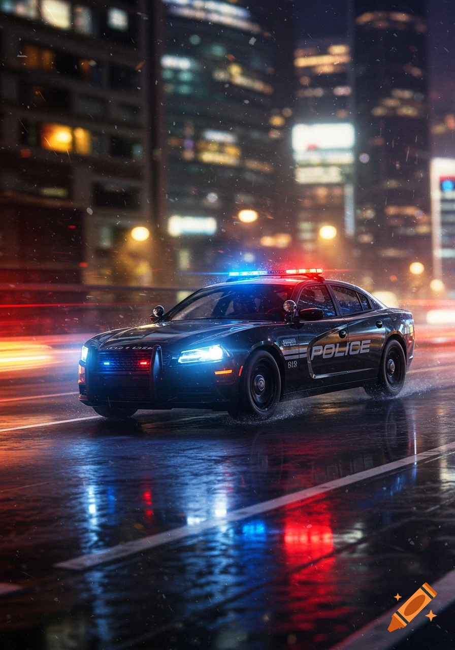 A dark police car with flashing blue and red lights drives on a wet city street at night, with blurred city lights in the background. Photorealistic style.