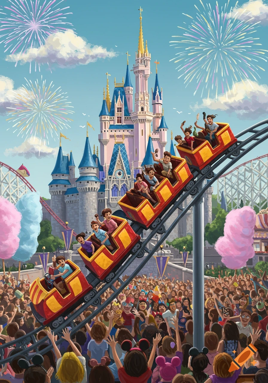 Illustrated amusement park scene with a rollercoaster full of people in front of a large pink castle and fireworks, with a cheering crowd below.