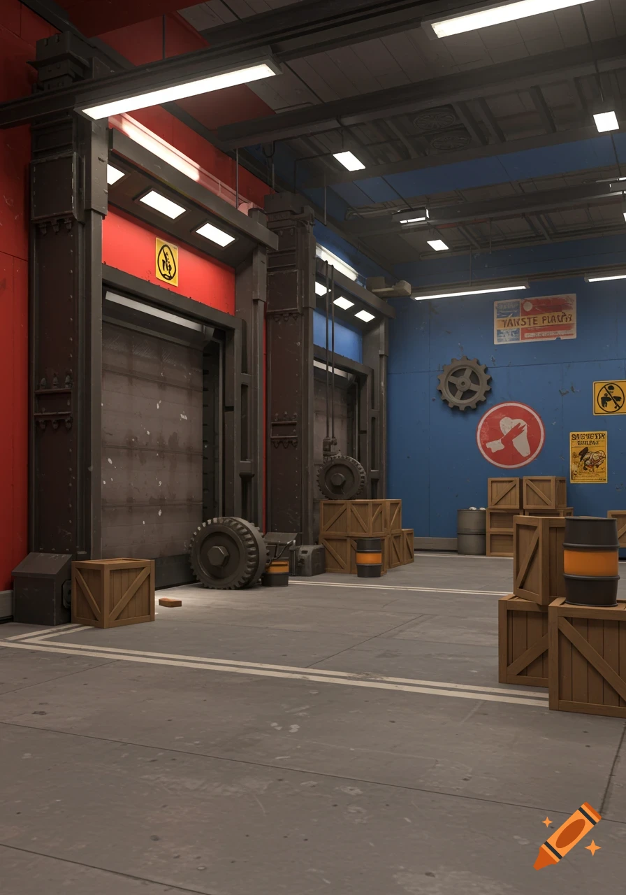 A stylized interior of a loading bay with red and blue walls, large metal doors, wooden crates, and industrial gears.