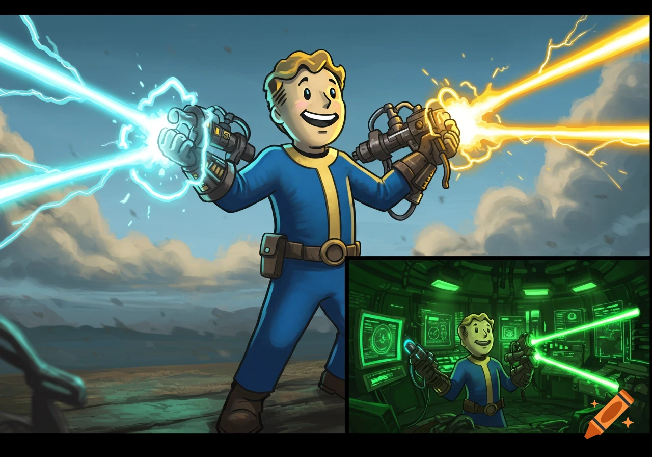 Cartoon Vault Boy holds two energy weapons, one blue, one yellow, against a cloudy sky, with an inset of him in a green control room.