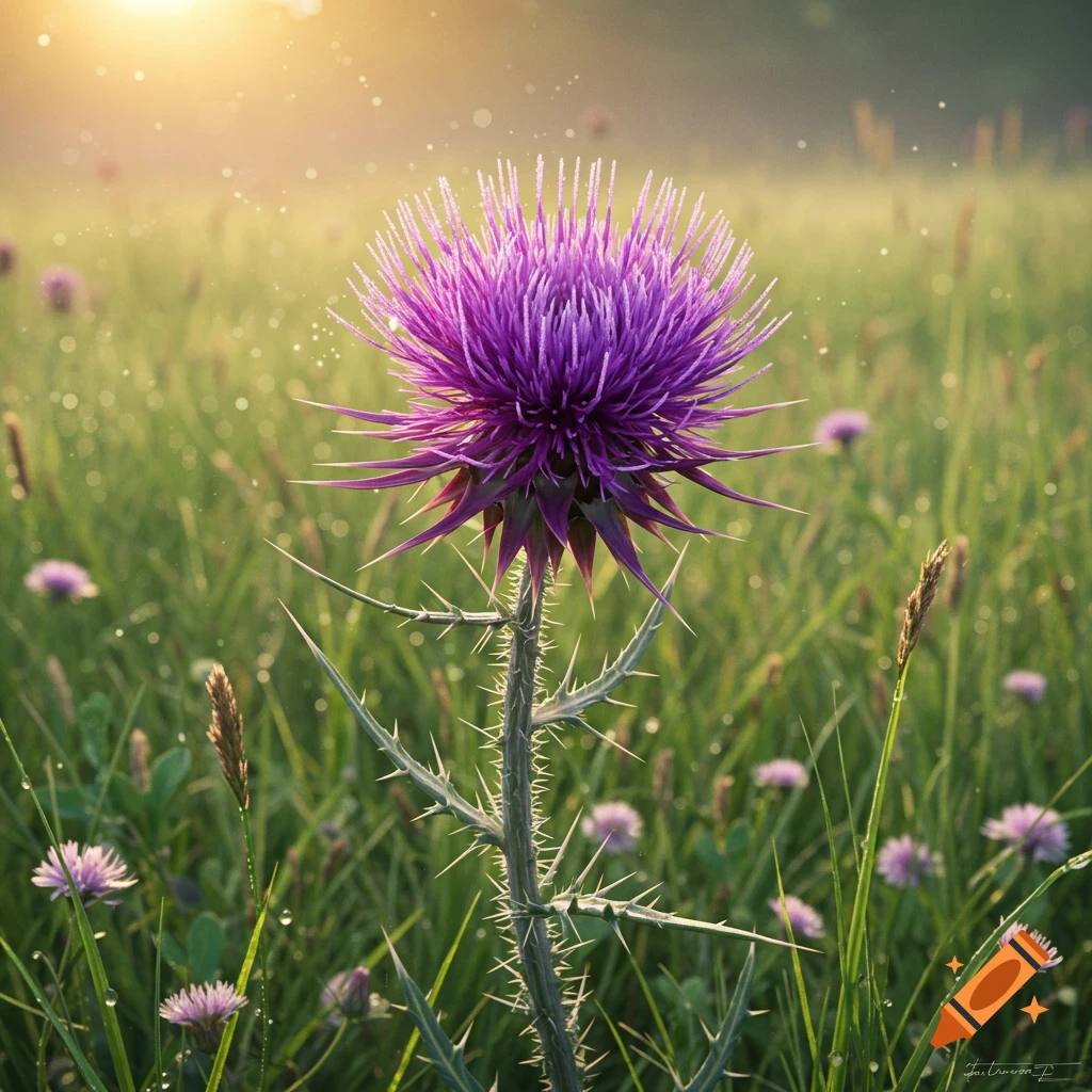 A vibrant purple thistle flower stands in a dewy green field bathed in warm sunlight, with a soft bokeh background.