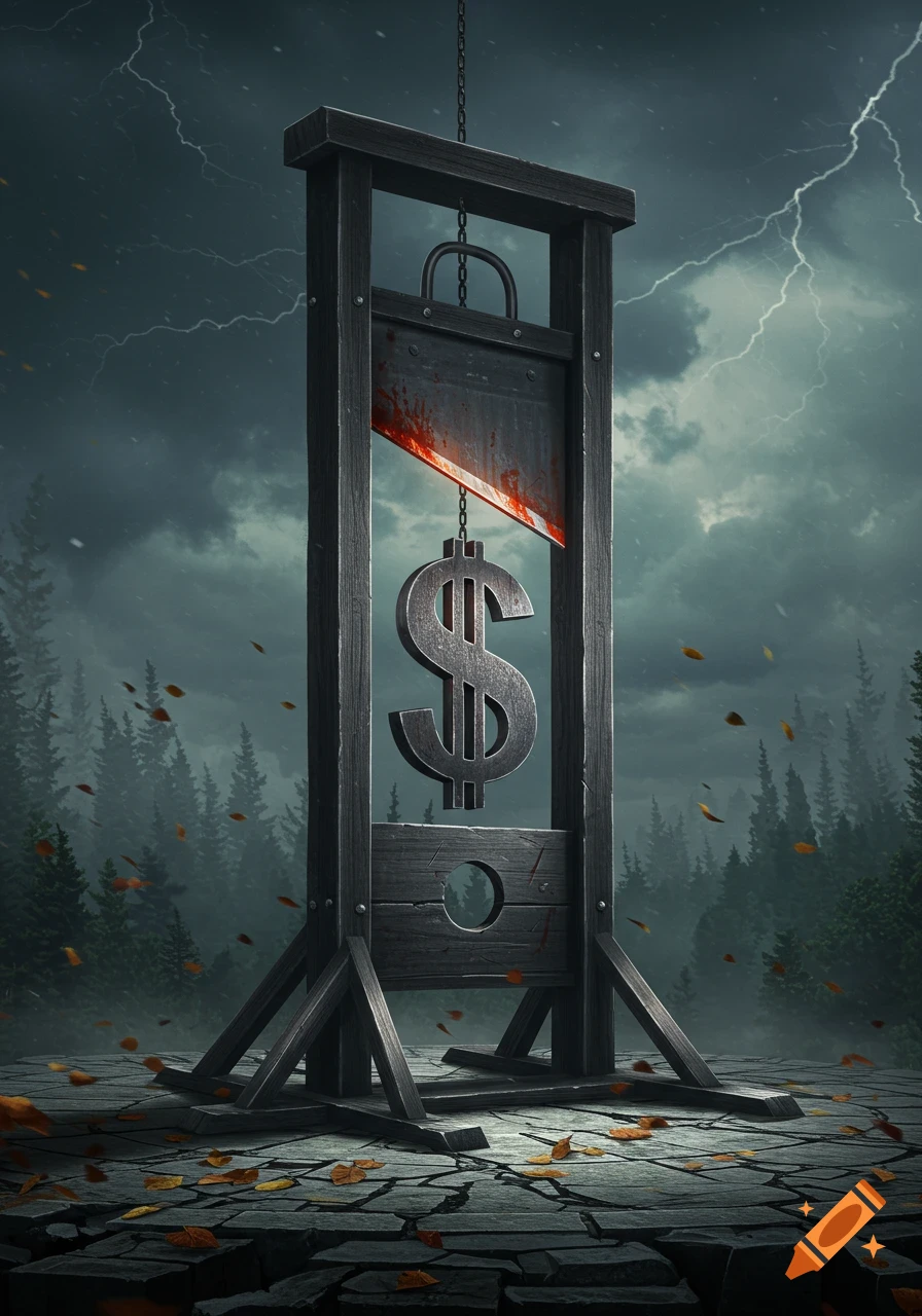 A stylized guillotine with a dollar sign blade, covered in blood, stands on cracked ground under a stormy sky with lightning. Autumn leaves scatter around it, and a dark forest is in the background.