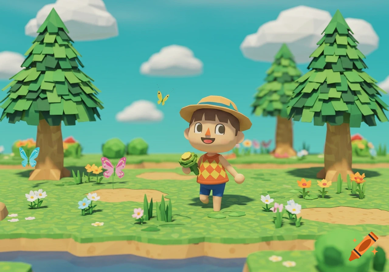 An Animal Crossing villager in a straw hat runs through a low-poly grassy field with trees, flowers, and colorful butterflies.