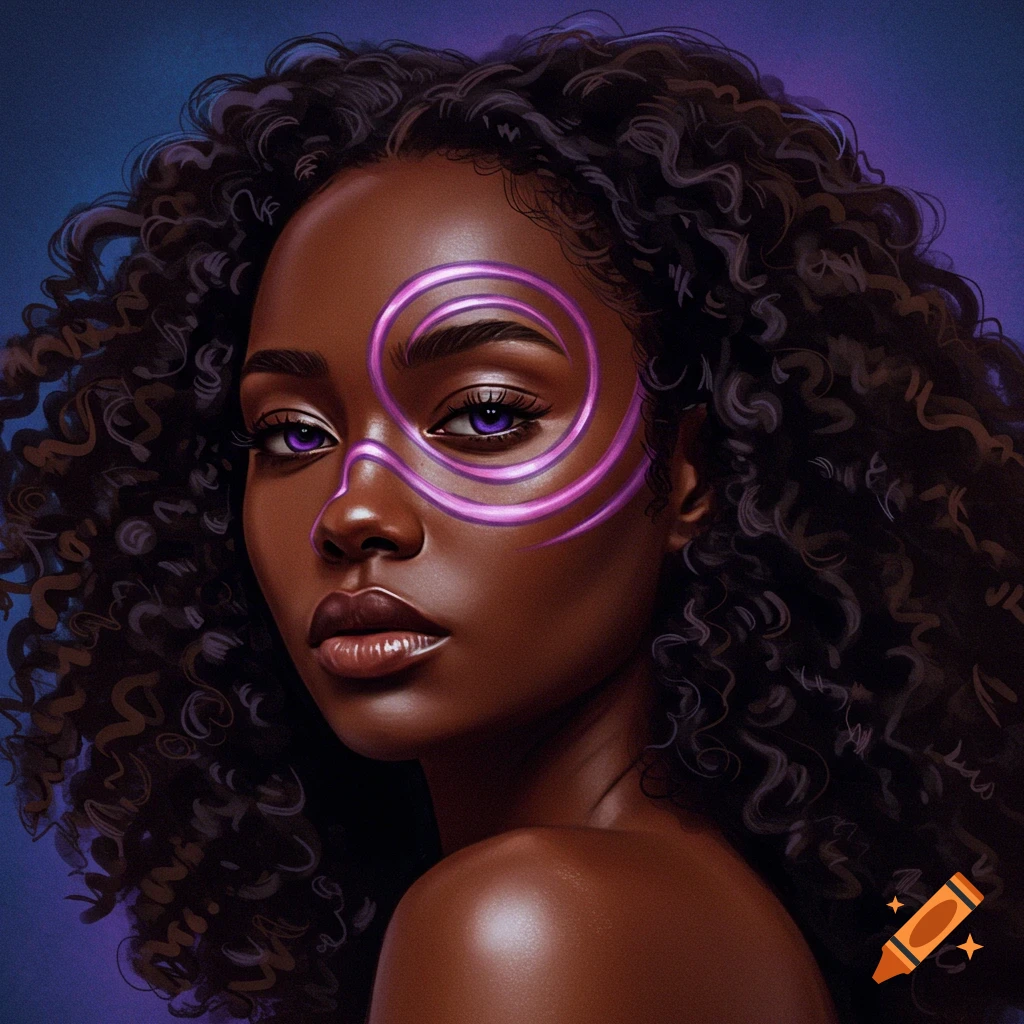 Close-up digital portrait of a Black woman with curly hair, striking purple eyes, and a glowing purple swirl design around her eyes and nose.