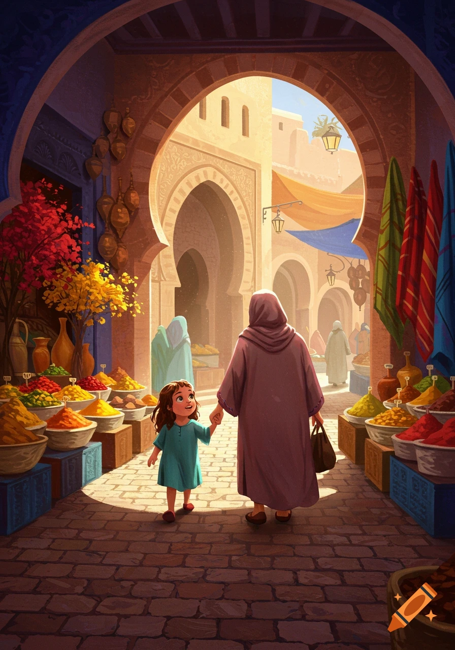 A stylized illustration of a child holding hands with an adult, walking through a vibrant North African market filled with spices and textiles.