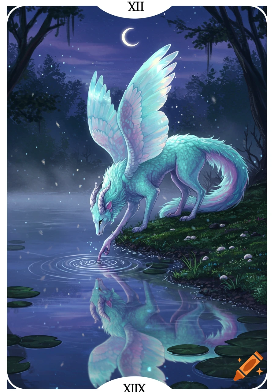 A winged teal dragon-like creature with horns touches a reflective pond at night, with a crescent moon above.