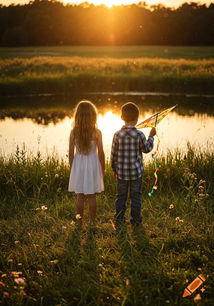 Two children stand by a lake at sunset, the boy holding a colorful kite.