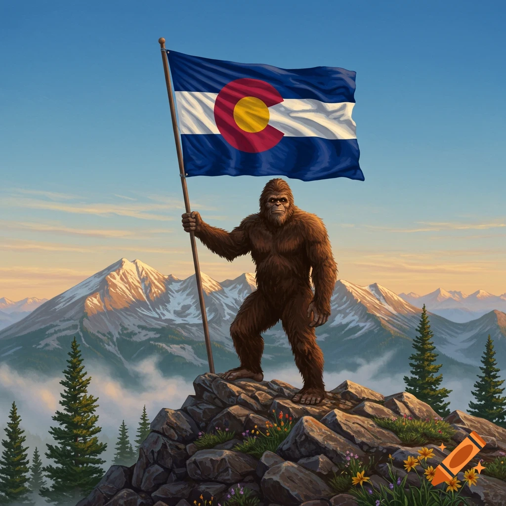 Bigfoot stands on a rocky mountain peak holding a Colorado flag, with snow-capped mountains and pine trees under a clear sky.