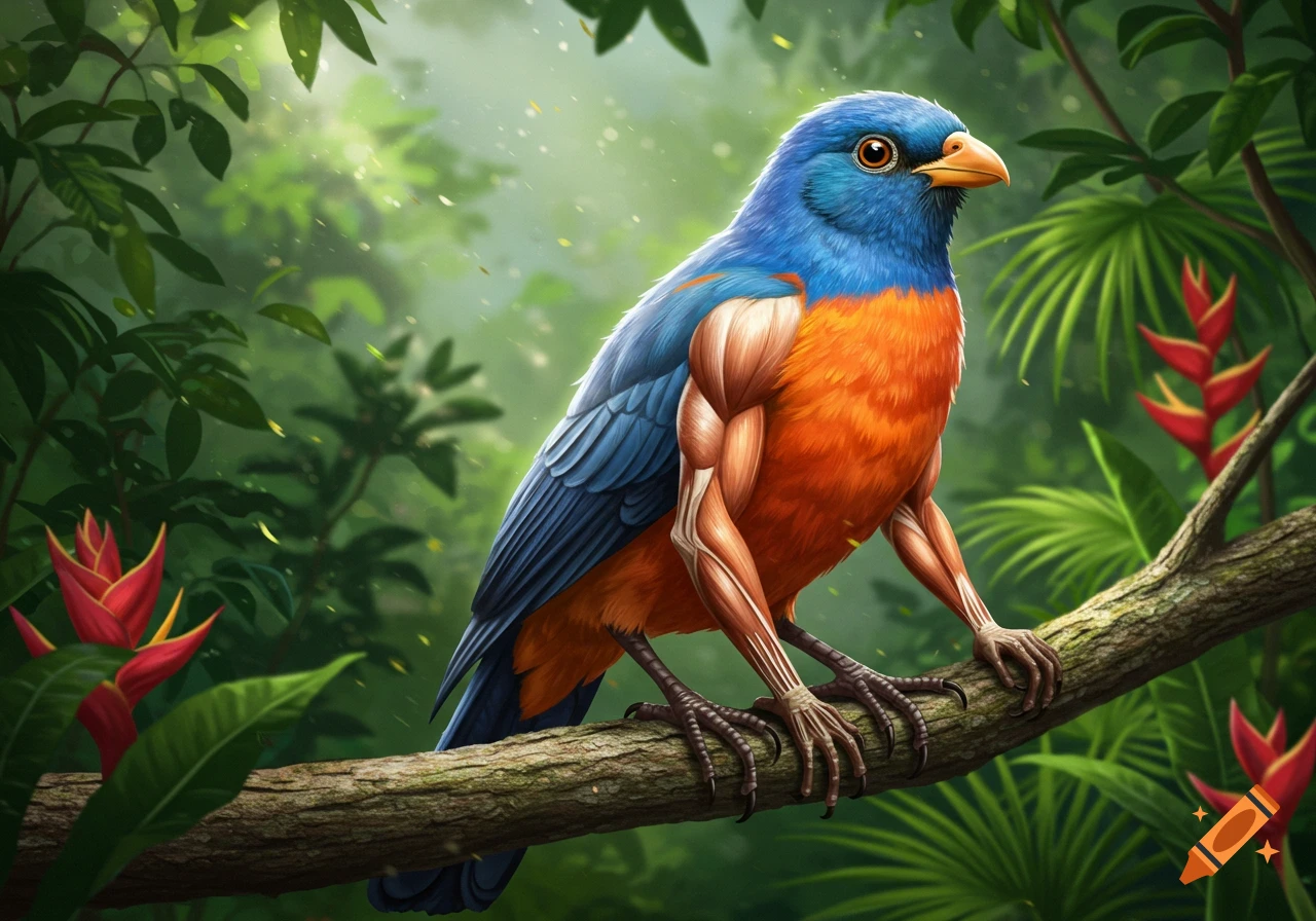 A blue and orange bird with buff human arms and legs perched on a branch in a lush green jungle.
