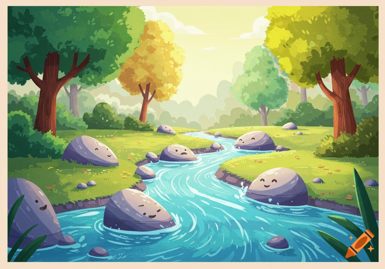 A vibrant cartoony illustration of a river flowing through a green landscape with trees and smiling rocks.