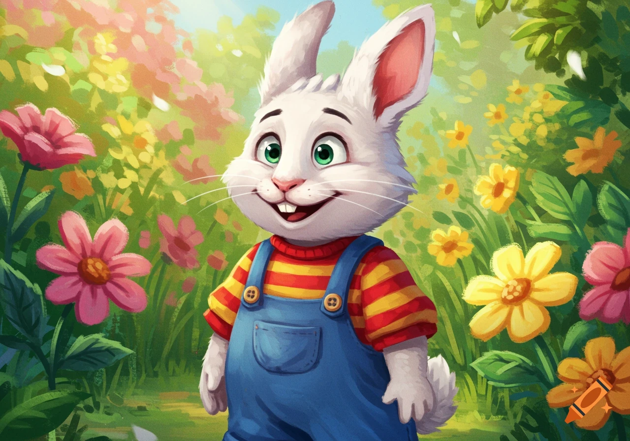 A smiling cartoon rabbit, Max from Max & Ruby, stands in blue overalls in a vibrant flower garden.