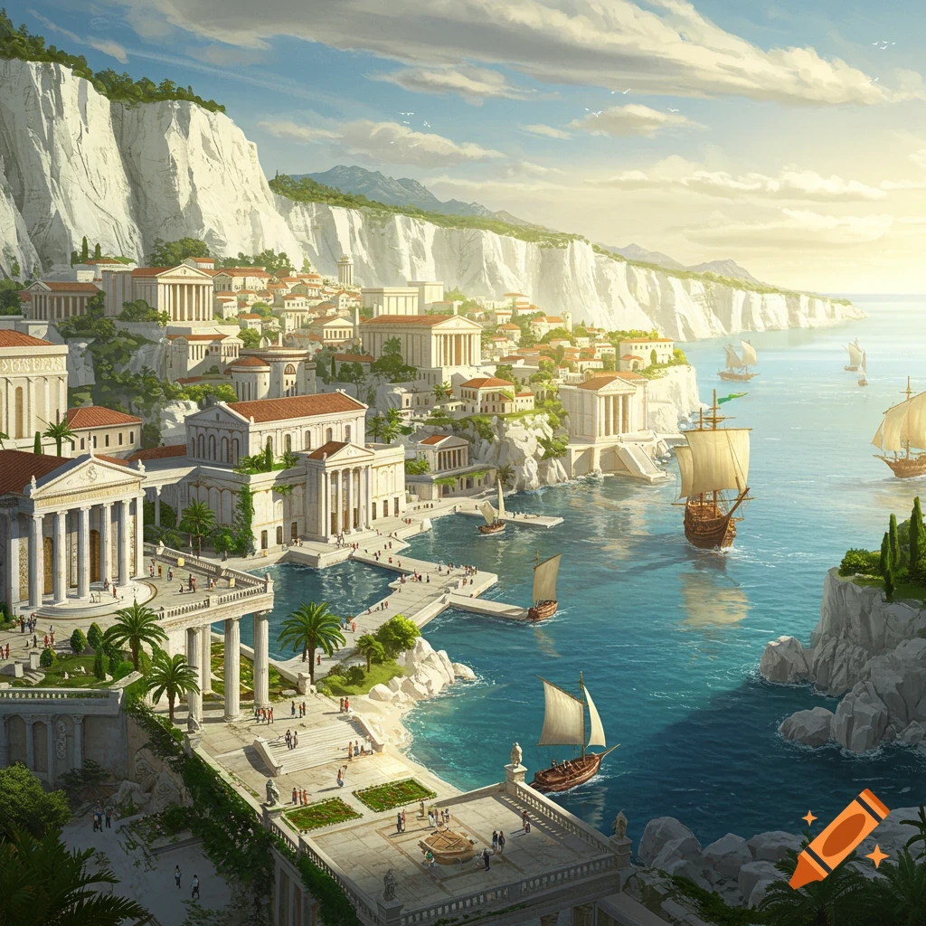 A bright, detailed fantasy port city with grand marble buildings along white cliffs and a blue harbor with elegant ships.