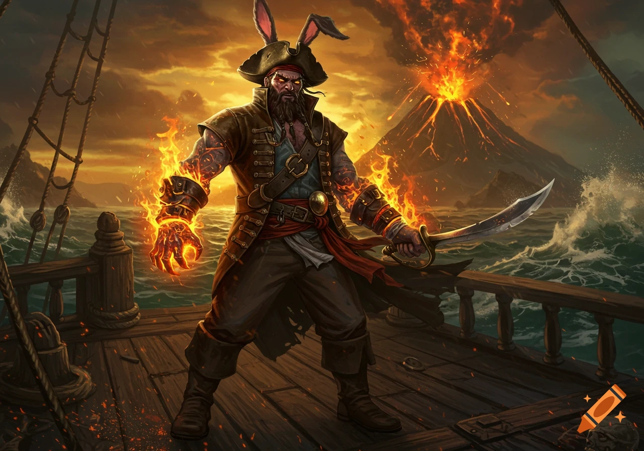 A fierce pirate with glowing magma hands and bunny ears stands on a ship's deck, sword in hand, with an erupting volcano behind him.