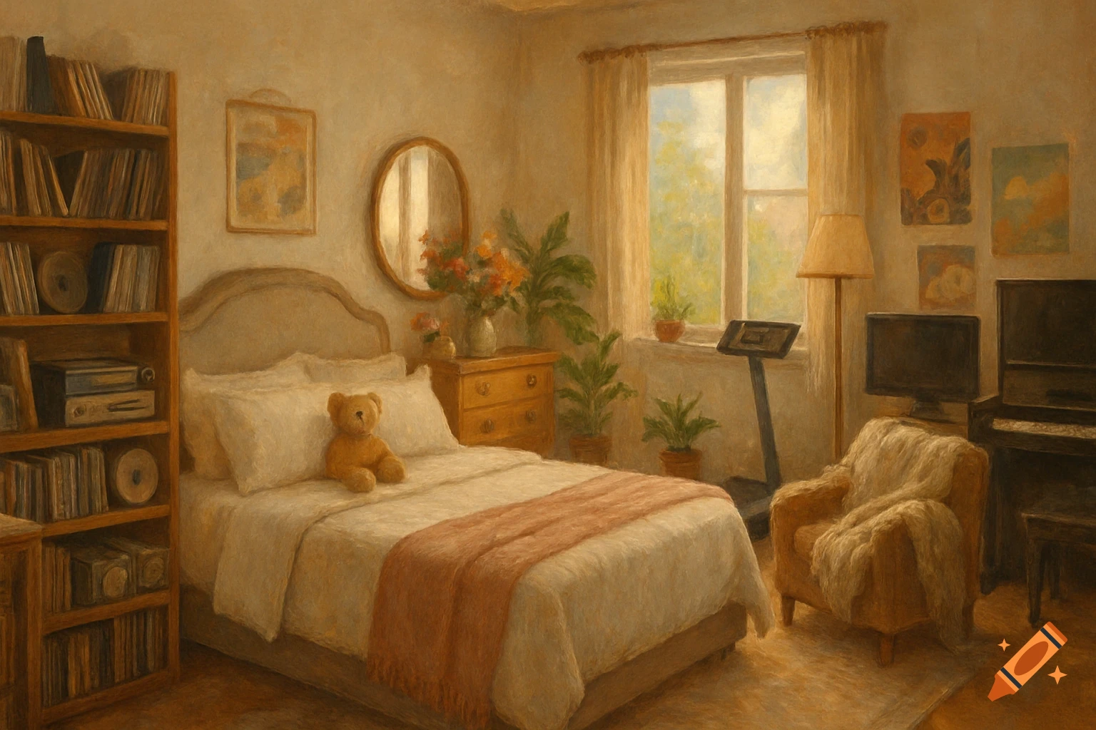 A cozy bedroom painted in a soft, impressionistic style with a bed, teddy bear, bookshelf, window, and armchair.