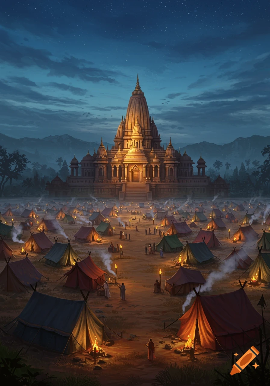 A grand temple glows at night, surrounded by a vast encampment of lit tents under a starry sky, in a digital painting.
