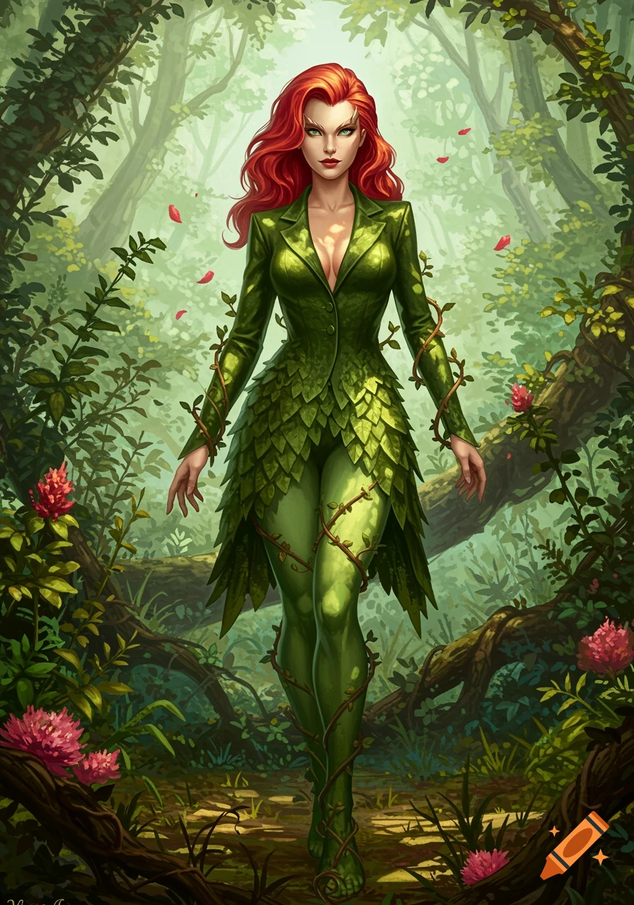 Poison Ivy in a green leafy suit and skirt standing in a lush forest, stylized illustration.