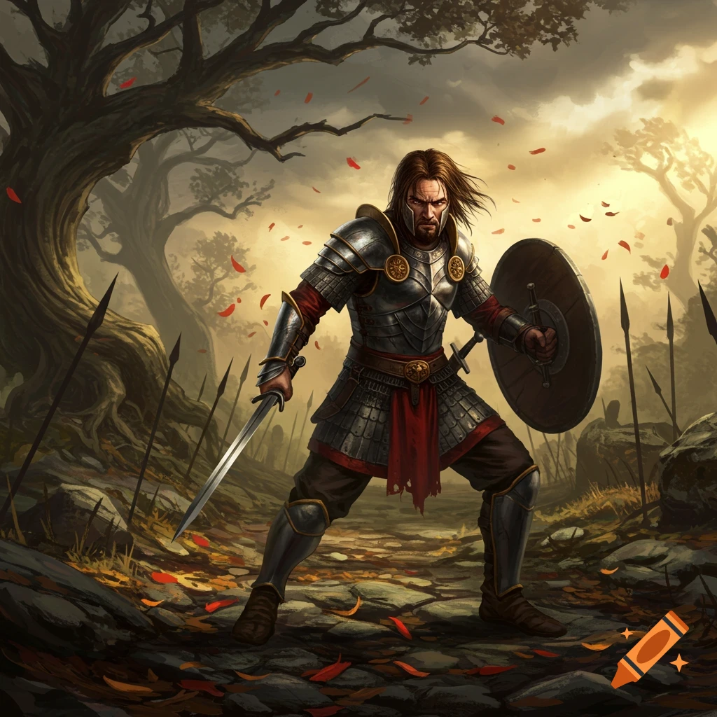 A warrior in ornate silver armor stands in a forest with a sword and shield, surrounded by fallen red leaves and spears.