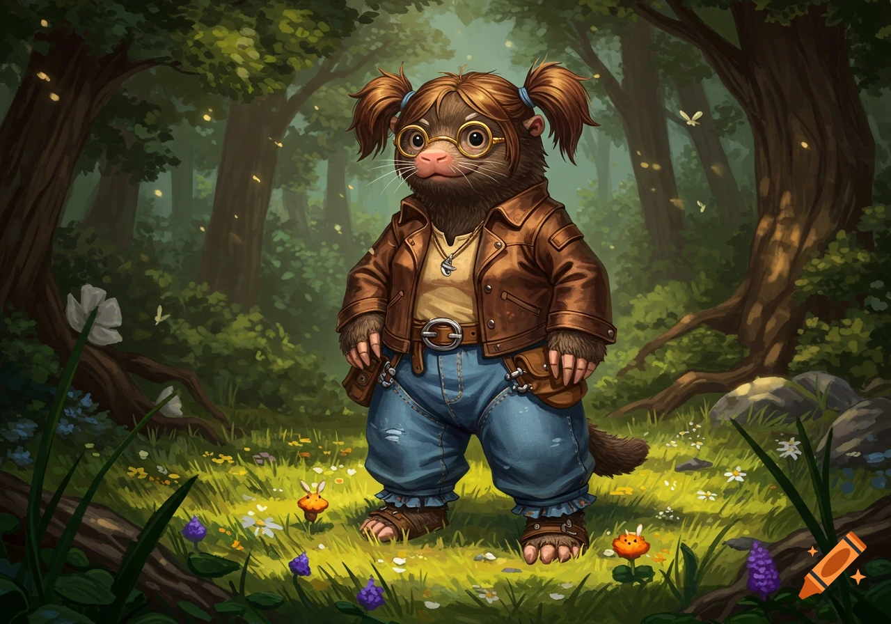 A whimsical, mole-like fantasy character with pigtails and glasses, wearing a leather jacket and denim pants, stands in a vibrant forest.