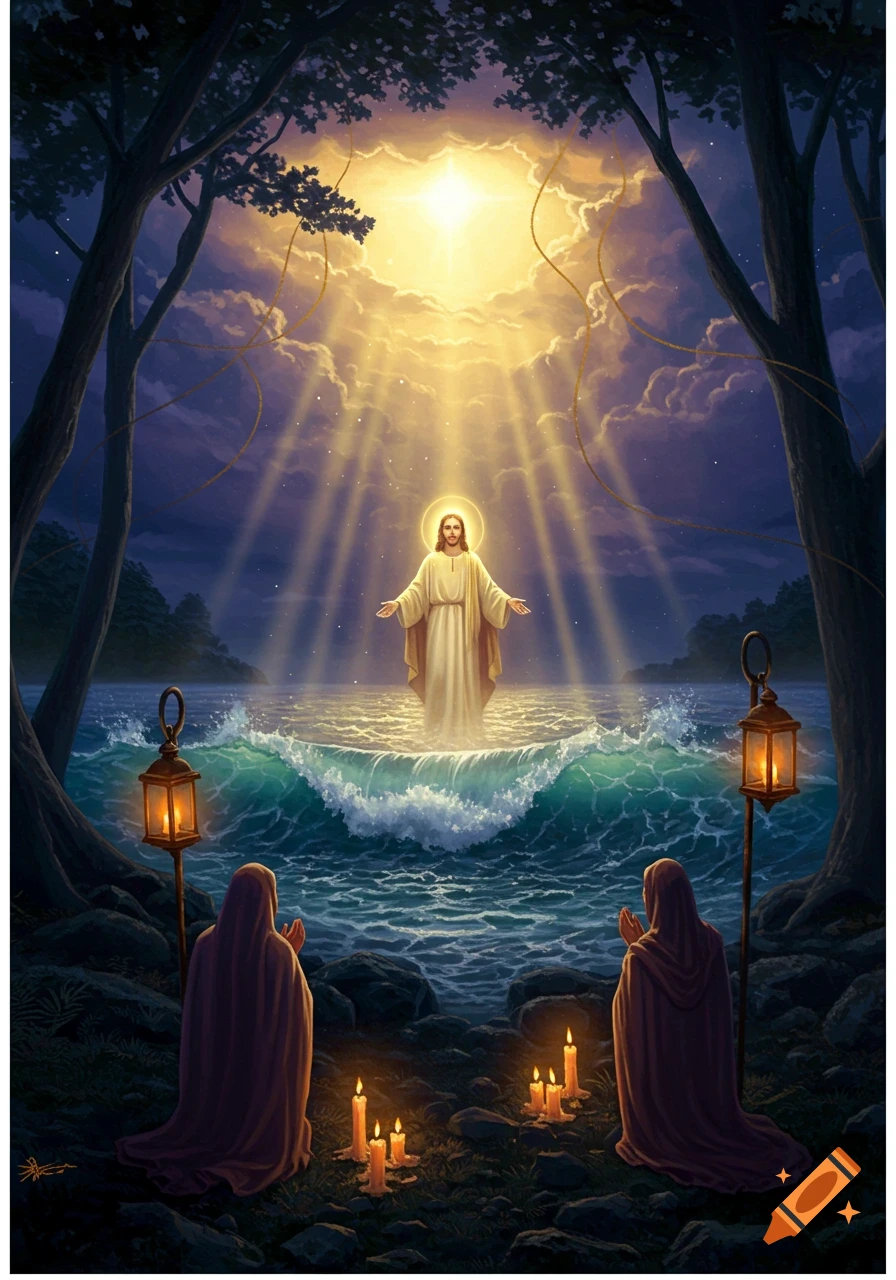 Jesus stands on stormy water under a divine light as two figures pray on the shore with lanterns and candles.