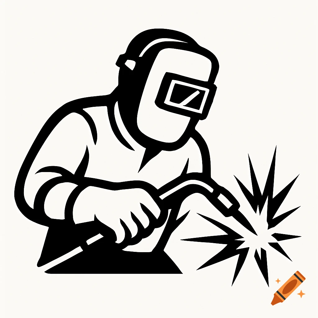 A black and white 2D cartoon logo of a welder with a welding mask welding.