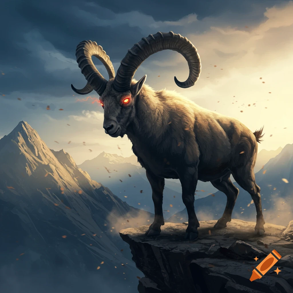 A powerful goat with glowing red eyes stands on a mountain cliff under a dramatic sky, looking menacingly.