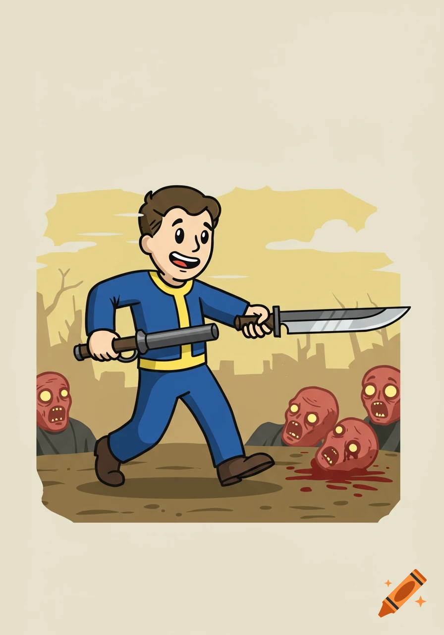 Cartoon illustration of Vault Boy in blue suit with a large knife, attacking red ghouls in a wasteland.