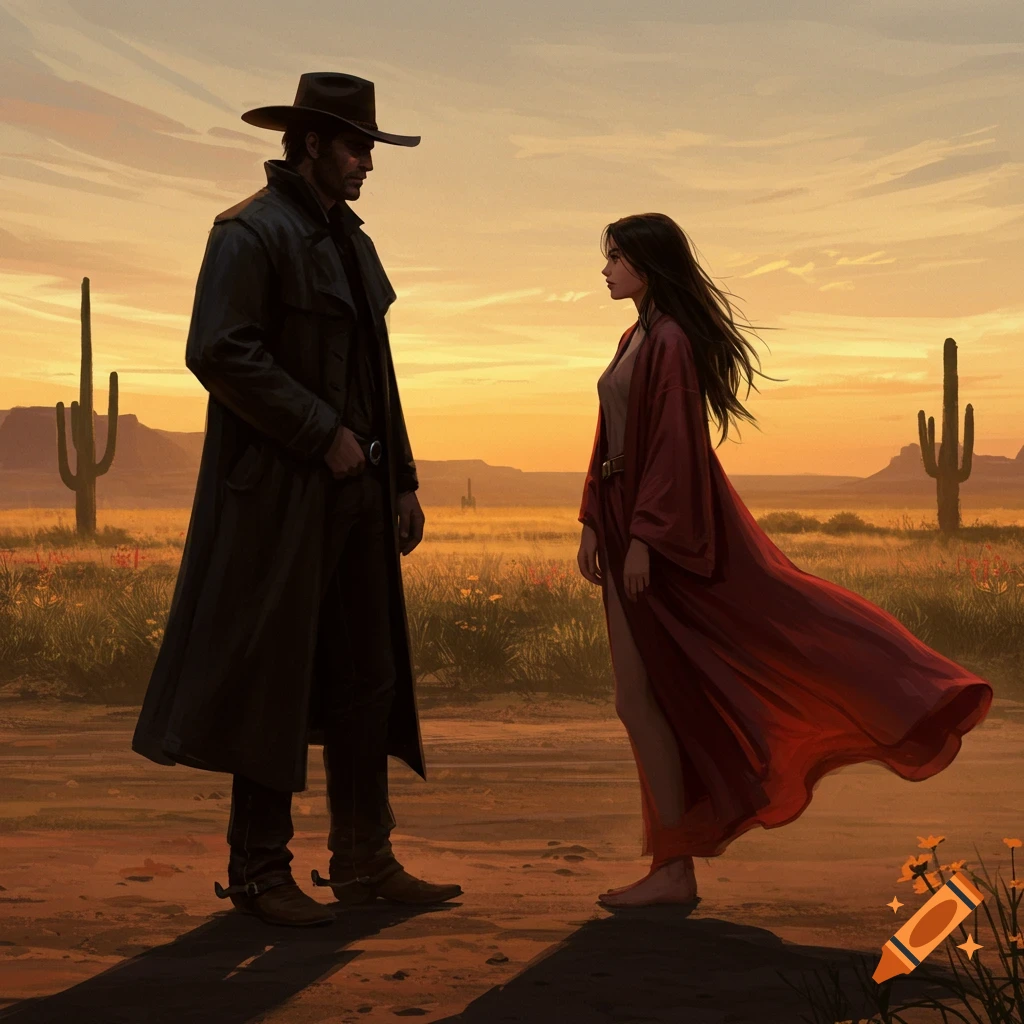 A cowboy in a long coat talks to a woman in a red robe in a desert at sunset.