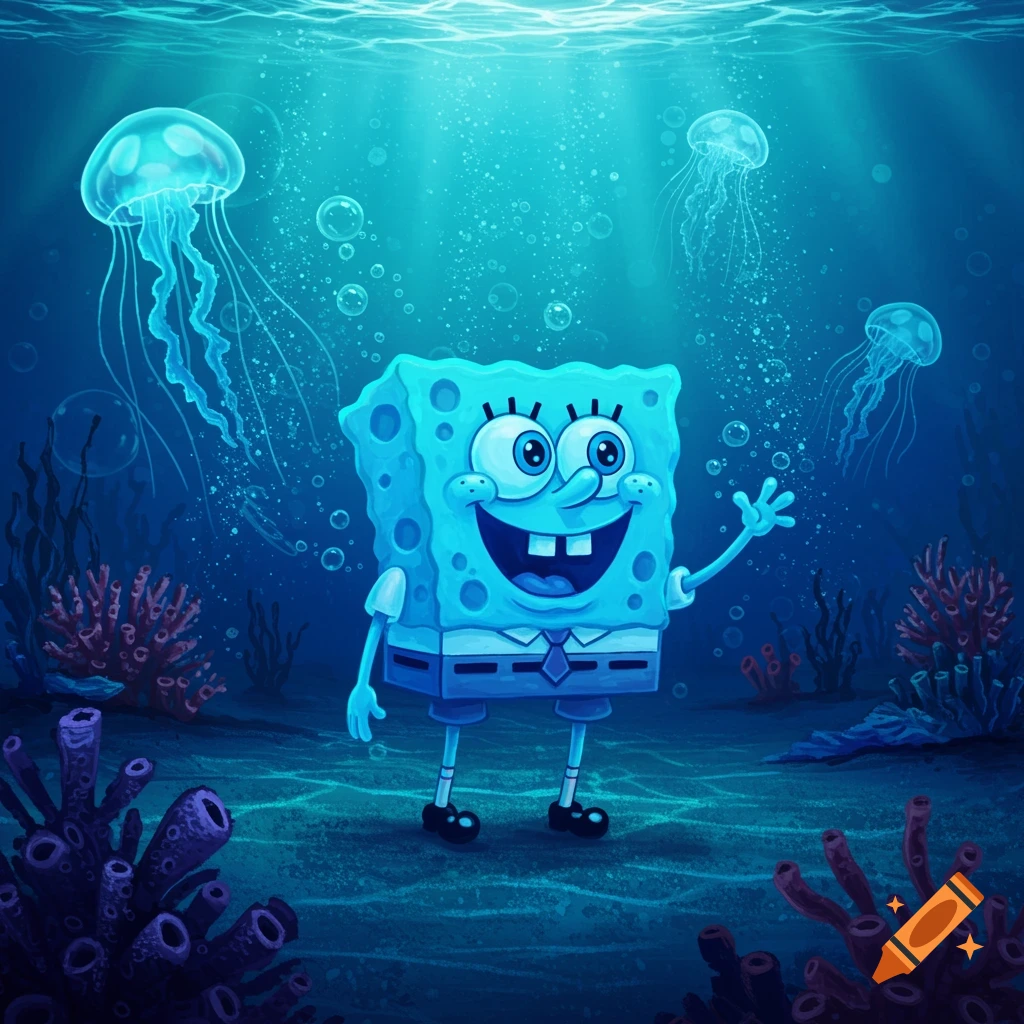 A blue Spongebob SquarePants character waves underwater amidst glowing jellyfish and coral in a vibrant cartoon illustration.