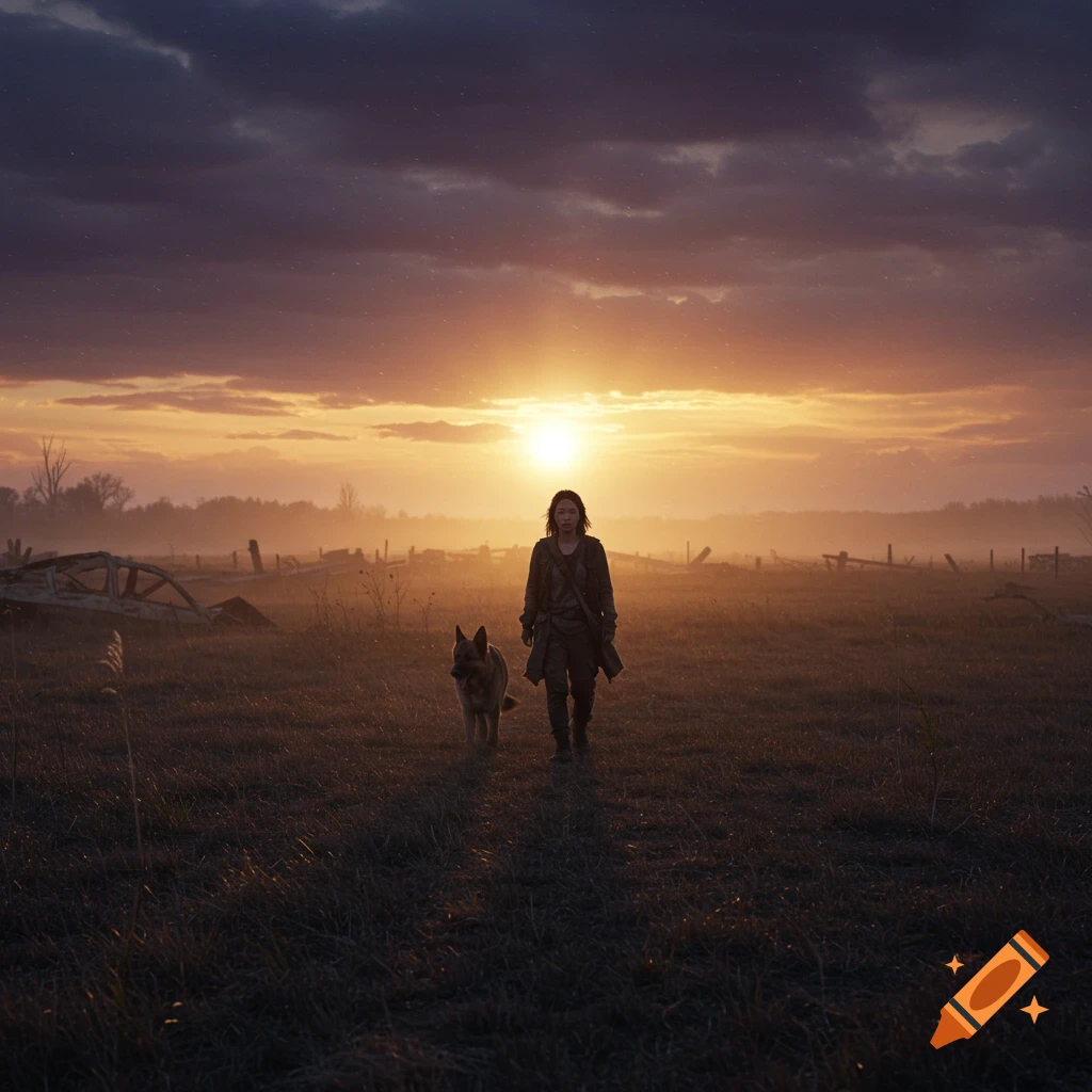 A lone woman and her German Shepherd walk through a vast, desolate field at sunset under a dramatic sky, evoking a post-apocalyptic setting.