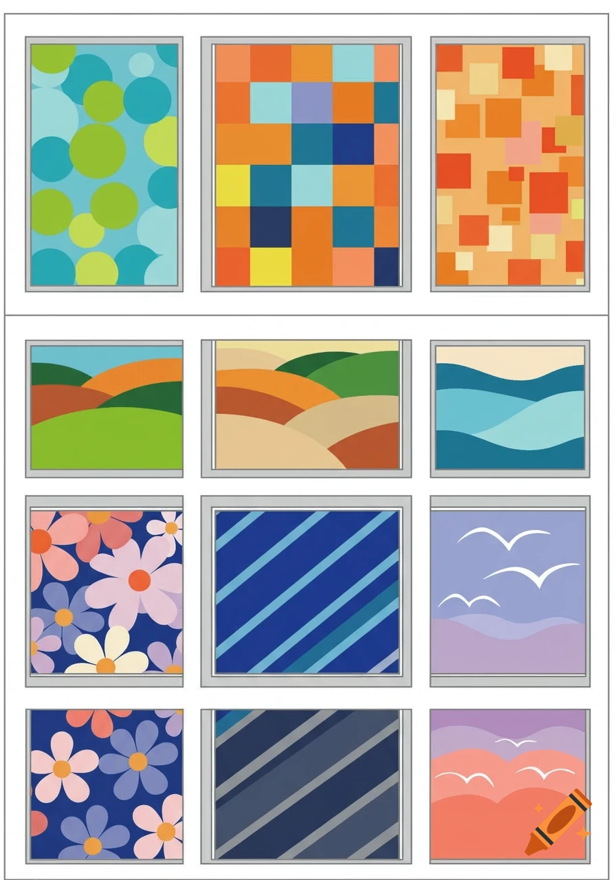 Twelve minimalist designs for window panes, including abstract shapes, landscapes, floral patterns, and wavy lines in various colors.