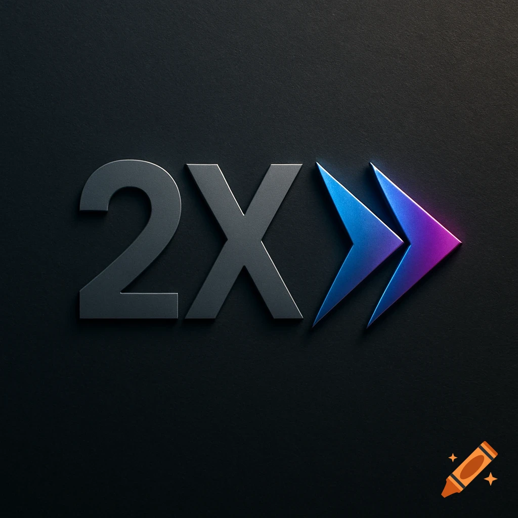 A metallic 2X symbol next to two blue and purple gradient arrows pointing right on a dark background.