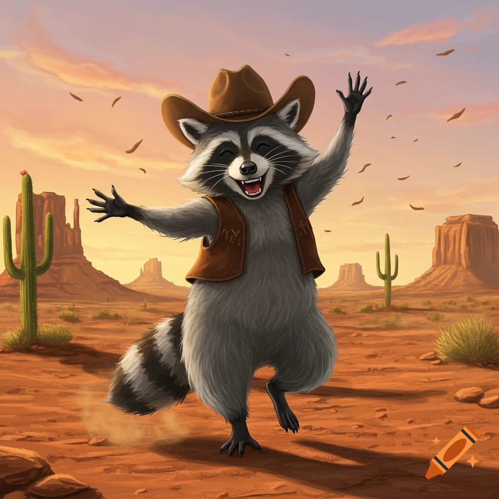 A happy cartoon raccoon in a cowboy hat and vest dances in a desert landscape with cacti and mesas under a sunset sky.