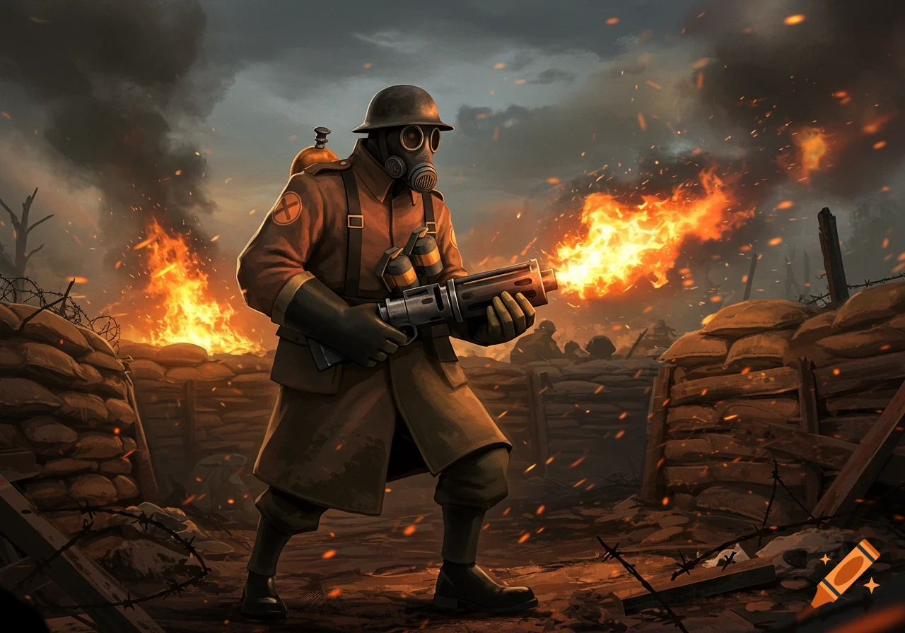 A stylized realistic illustration of a World War 1 soldier, reminiscent of Pyro from TF2, operating a flamethrower in a fiery trench battle.