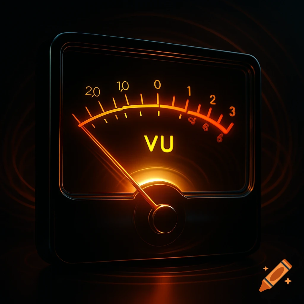 A glowing orange VU meter with a needle indicating audio levels on a dark background.