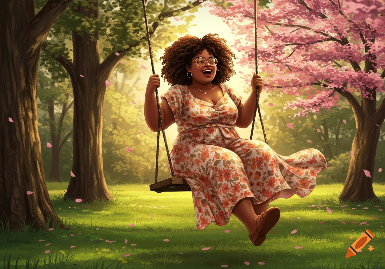 A happy, chubby Black woman with natural hair and glasses swings on a swingset in a sunlit park with trees and pink blossoms.