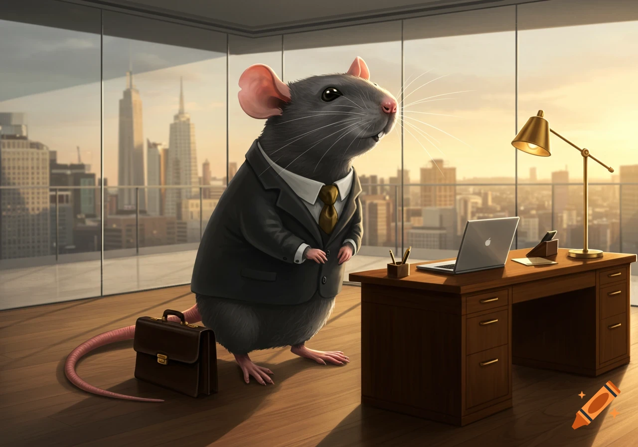A photorealistic rat in a business suit stands in a high-rise office overlooking a city skyline at sunset.
