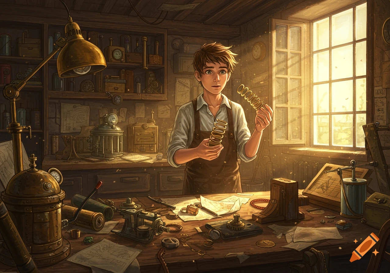An illustrated young inventor in a cluttered workshop holding two golden coil springs, with sunlight streaming through a window.