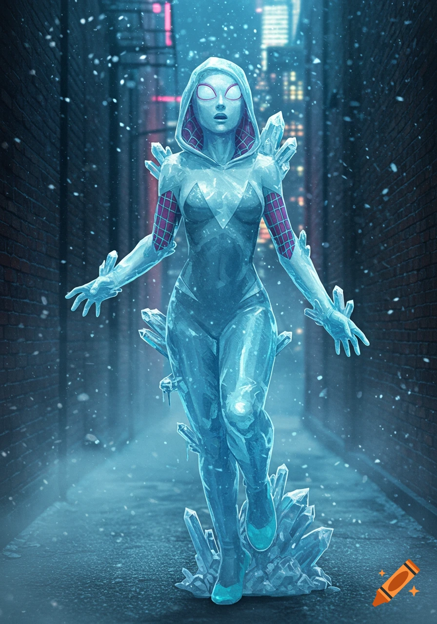 Spider-Gwen, encased in ice, stands surprised in a snowy, blue-lit alley at night, comic art style.