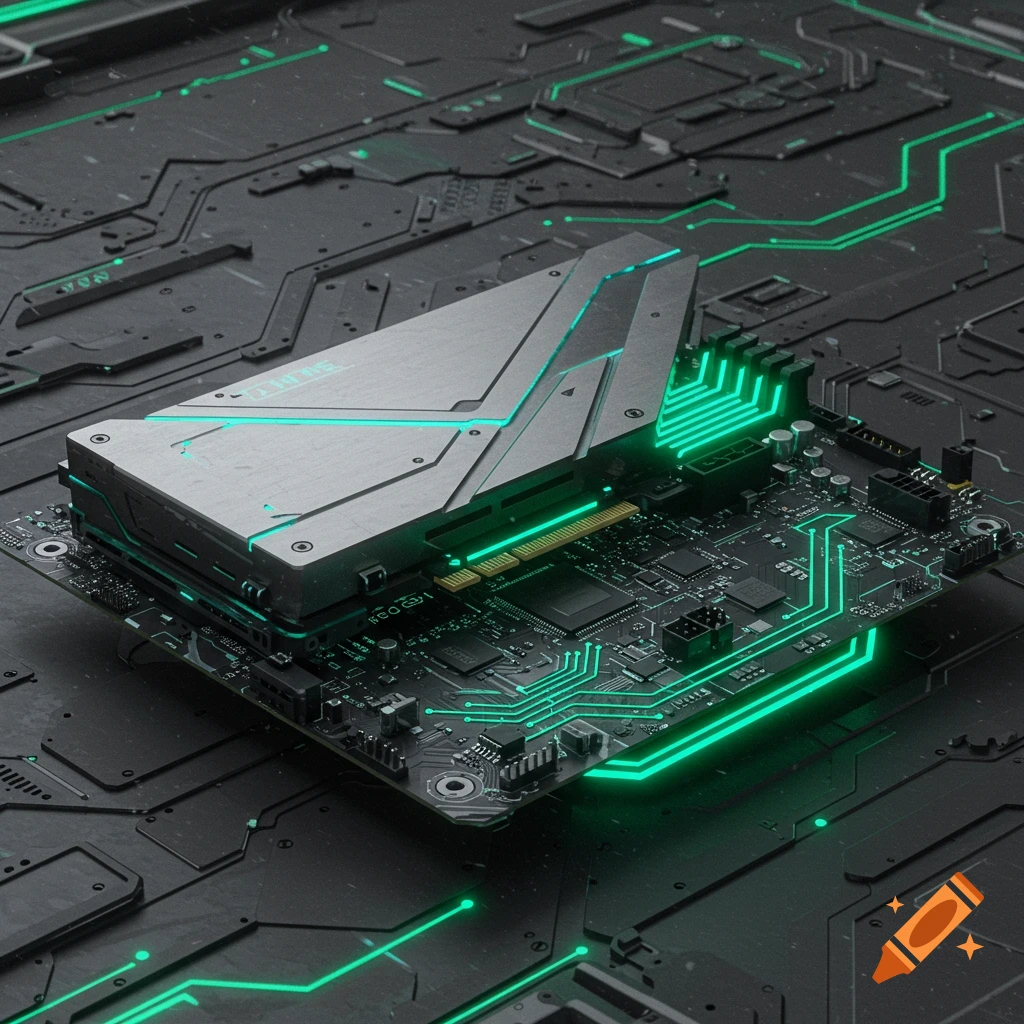 Detailed view of a futuristic computer motherboard with a large gray and green component, featuring glowing green circuitry on a dark background.