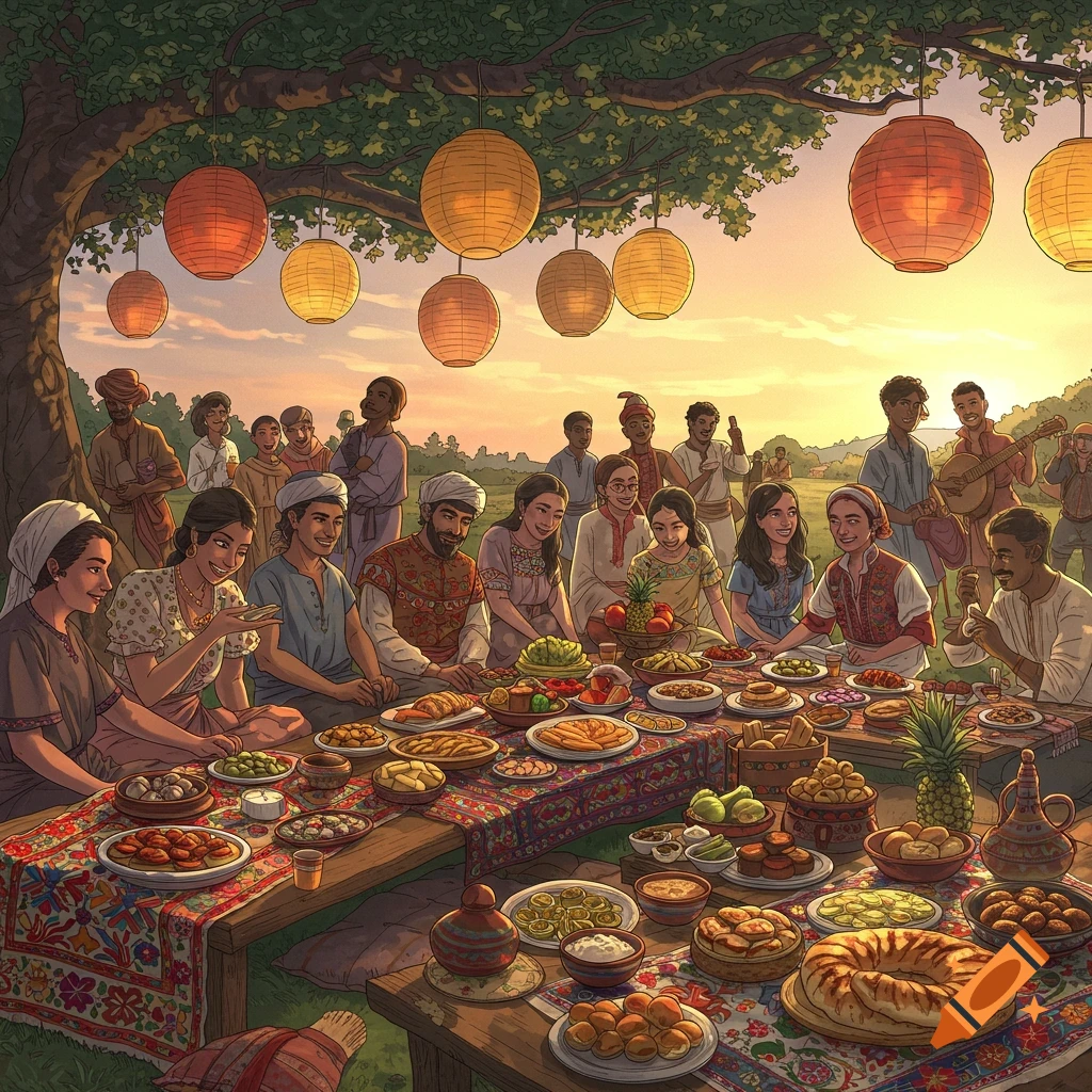 Diverse group of people gathered under a large tree with lanterns, sharing a festive outdoor meal at sunset. The table is laden with many dishes.
