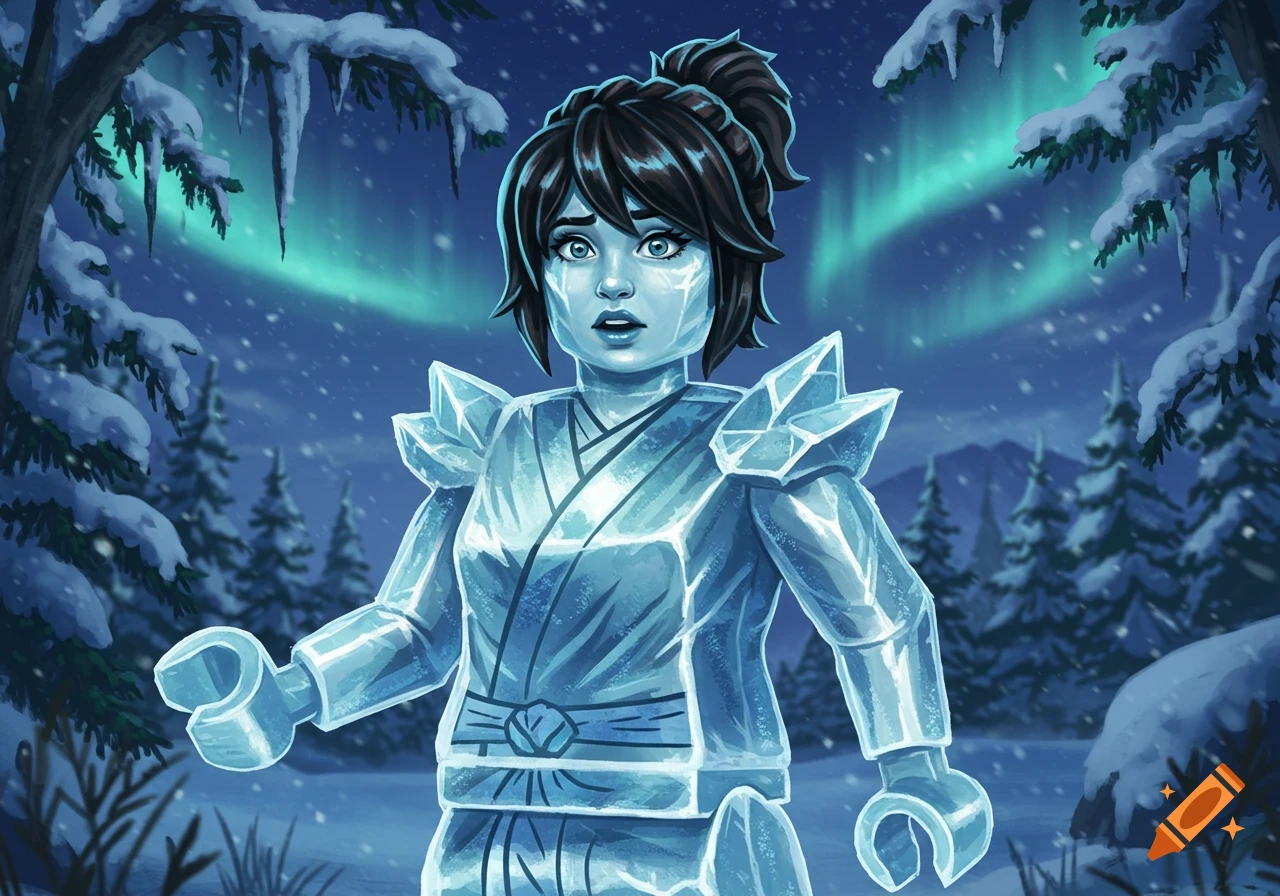 Nya from Lego Ninjago transformed into a surprised ice statue in a snowy landscape under the aurora borealis.