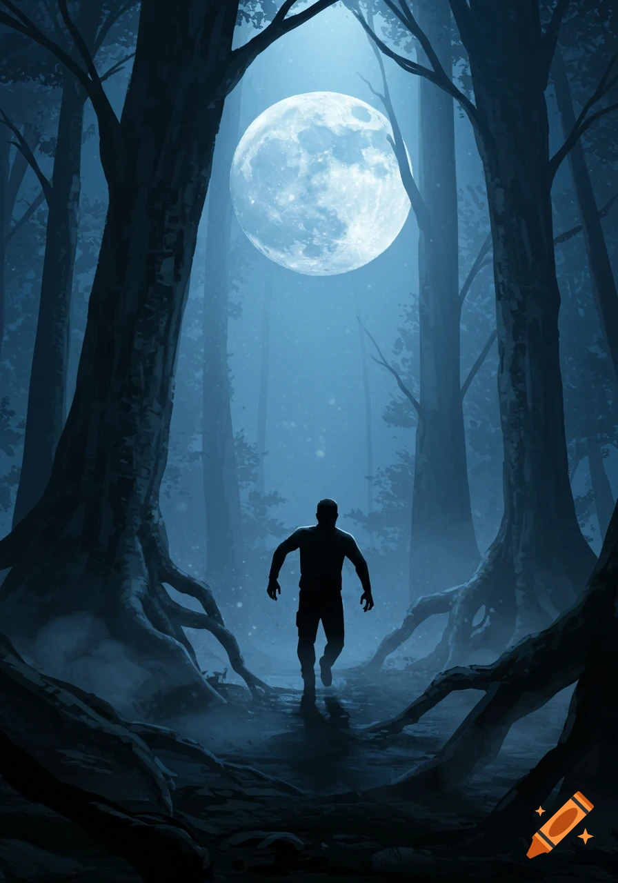 A silhouetted man walks through a dark, misty forest illuminated by a large full moon overhead.