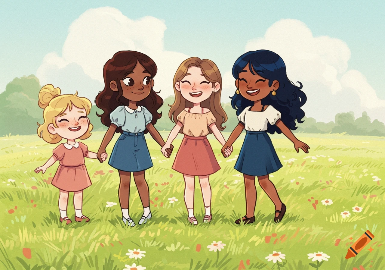 Four diverse cartoon girls holding hands in a flowery field under a bright sky.