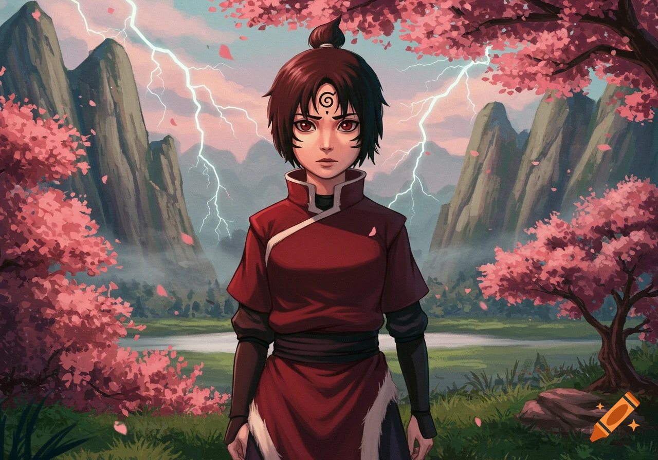 A stylized character with a swirl on their forehead stands in a vibrant landscape with pink cherry blossoms and lightning.