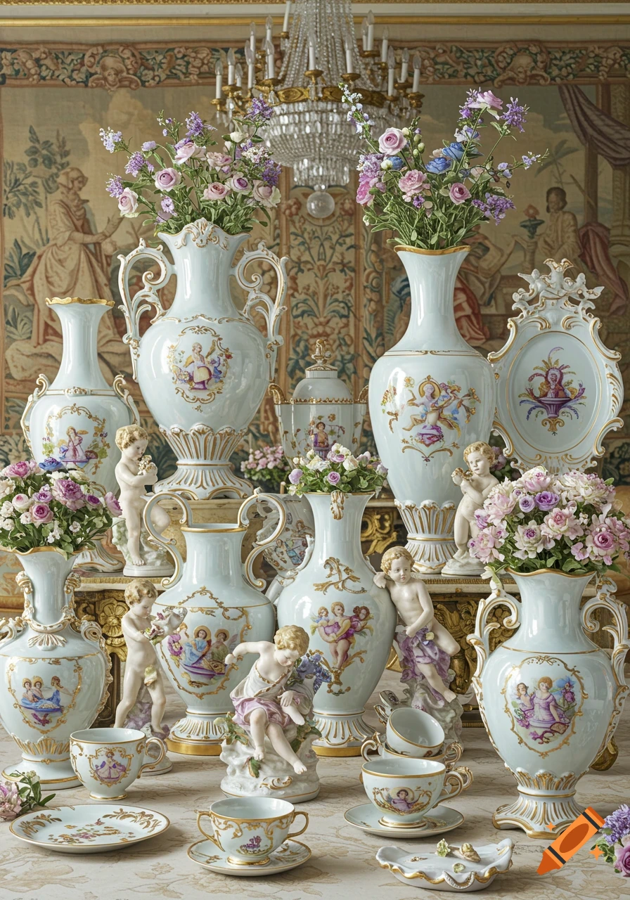 A detailed still life of rococo ceramic vases, teacups, and cherub figurines filled with colorful flowers, against a tapestry backdrop.