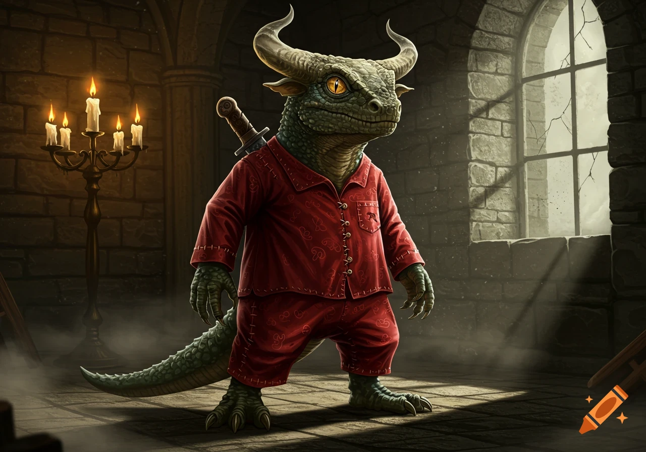 A lizard-like creature with horns and red pajamas stands in a dark stone room with a dagger on its back.